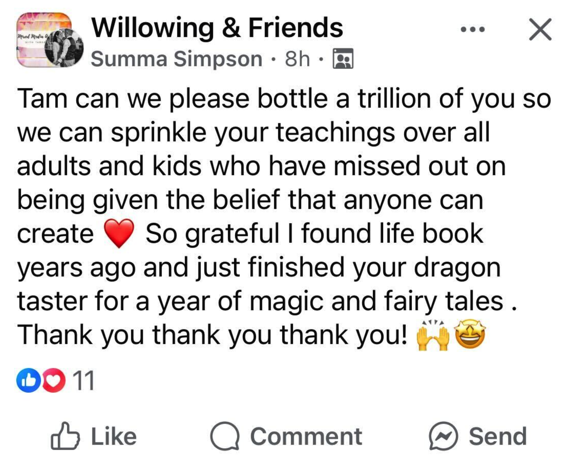 Facebook comment from Summa Simpson: Tam, can we please bottle a trillion of you so we can sprinkle your teachings over all adults and kids who have missed out on being given the belief that anyone can create. So grateful I found Life Book years ago and just finished your dragon taster for A Year of Magic and Fairy Tales. Thank you thank you thank you.